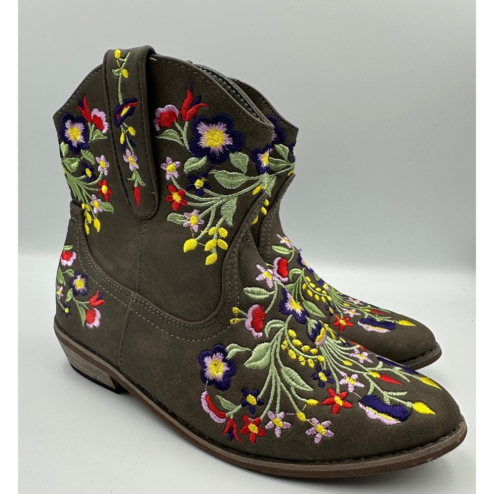 Betseyville Reece Floral Embroidered Cowboy Boots Youth Girls Sz 3 Stone Vibrant